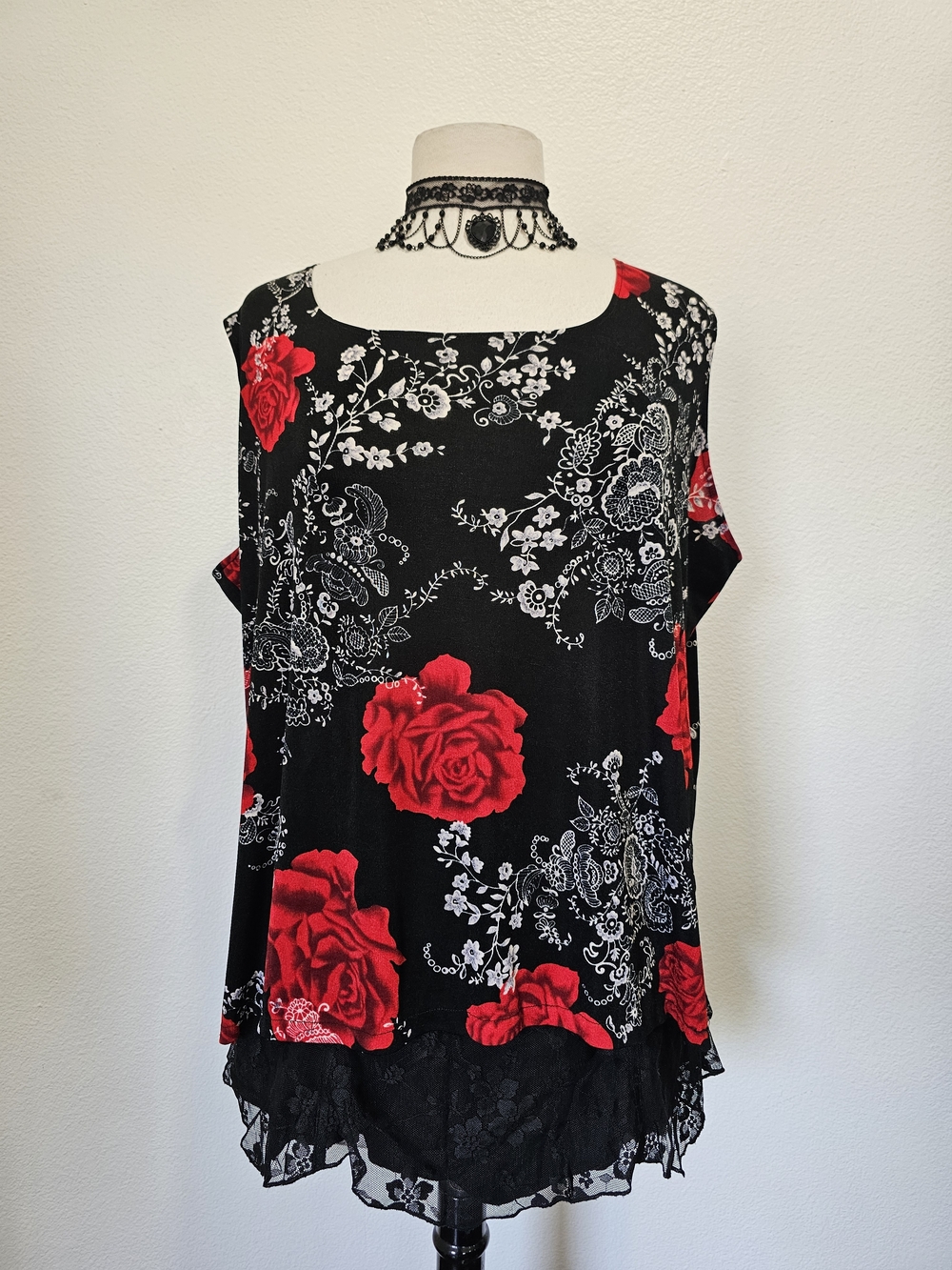 Y2K Black Floral Blouse w/ Red Rose Print